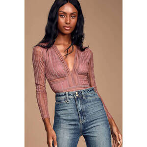 Lulus Casita Mauve Pink Sheer Lace Long Sleeve Bodysuit - Size M